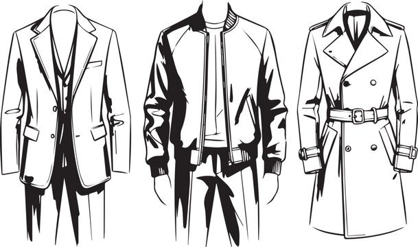 Black and white illustration of three jackets on a white background