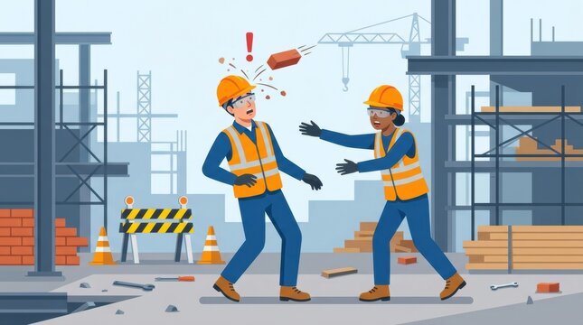 Two construction workers react quickly as one worker almost gets hit by a falling brick while on a construction site in a city