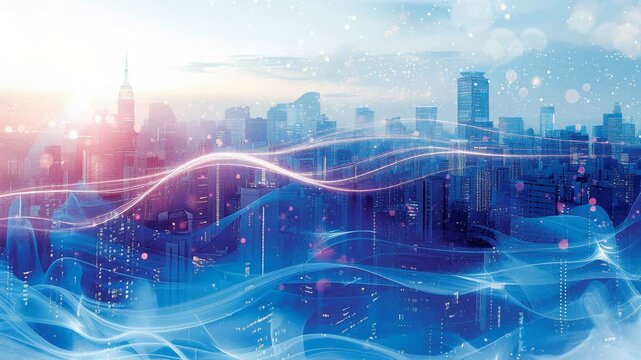 Abstract digital waveforms pulse a modern, data visualization, tech city, cybernetic urban, digital transformation, futuristic infrastructure, glowing network.