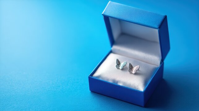 Elegant butterfly jewelry in an open gift box on a blue surface with simple, minimal composition