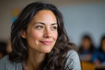 Naklejka premium Close-up portrait of a smiling Latina teacher with copy space in a classroom