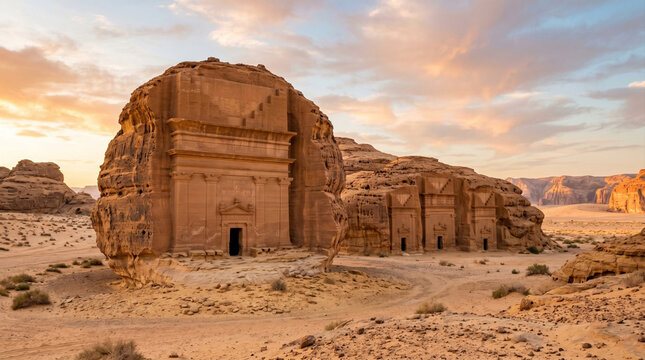 Ancient Nabataean tombs carved into sandstone rocks in Hegra, AlUla, Saudi Arabia.