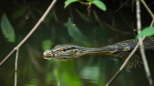 Water monitor lizard swimming in dark water with green foliage