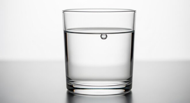 A straight-on, eye-level shot of a clear glass of water filled near the top, with a single small air bubble floating just below the surface. Plain white and grey background.