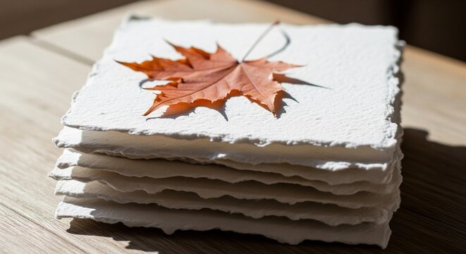 Stack of handmade recycled paper with autumn maple leaf