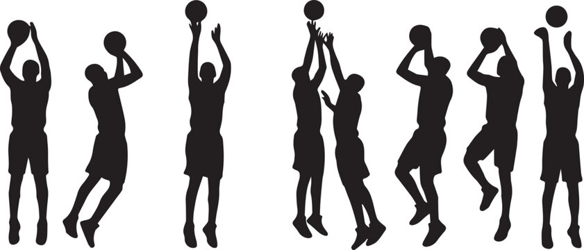 Black silhouette of basketball players throwing ball in various poses isolated on transparent background, Vector, illustration