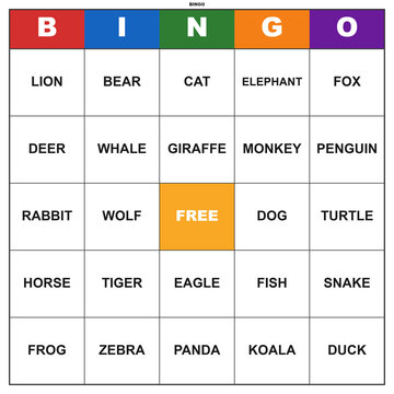 Animal word bingo game card. Printable template for a fun classroom or party activity