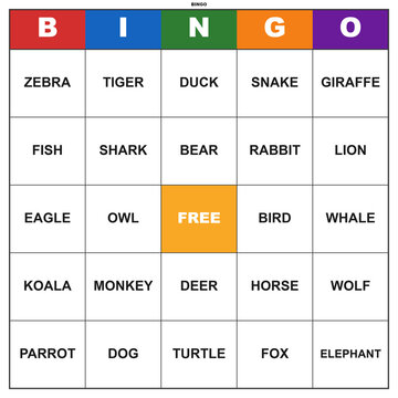 Animal word bingo game card. Printable template for a fun classroom or party activity