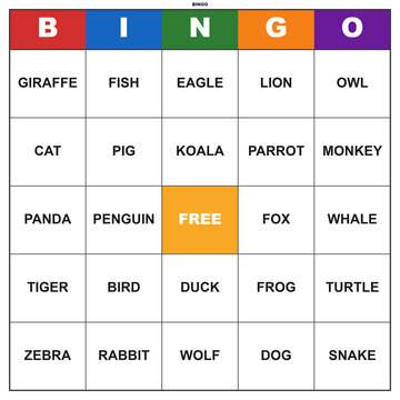Animal word bingo game card. Printable template for a fun classroom or party activity