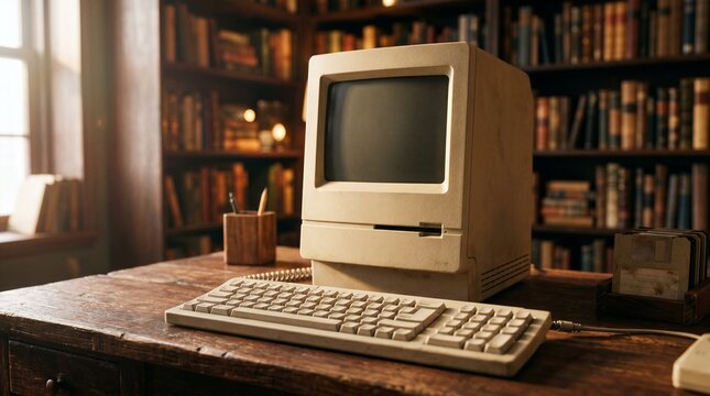 Vintage Macintosh Classic computer with keyboard on wooden desk warm cinematic lighting retro technology nostalgia scene.