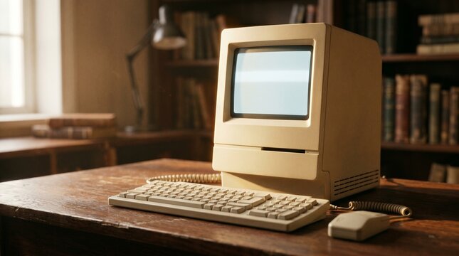 Vintage Macintosh Classic computer with keyboard on wooden desk warm cinematic lighting retro technology nostalgia scene.
