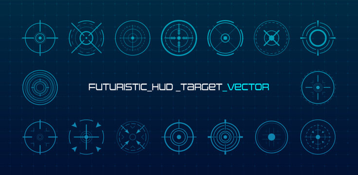 Futuristic HUD target pointers with digital crosshair elements and aiming interface. Modern vector UI design for gaming, radar and cyber technology screens