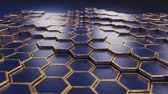 Abstract Hexagonal Grid Pattern with Metallic Gold Edges and Blue Surfaces.