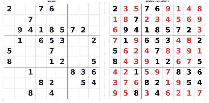 Sudoku puzzle with solution. Medium difficulty 9x9 grid for printing. Logic game for brain training and mental exercise
