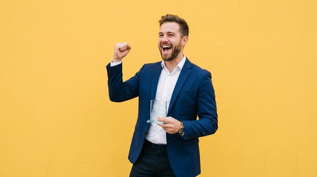 Professional celebrating success isolated on yellow background achievement happiness victory business concept energy scene.