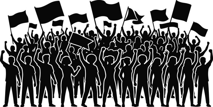 Black silhouettes of people waving flags in protest isolated on transparent background, Vector, illustration