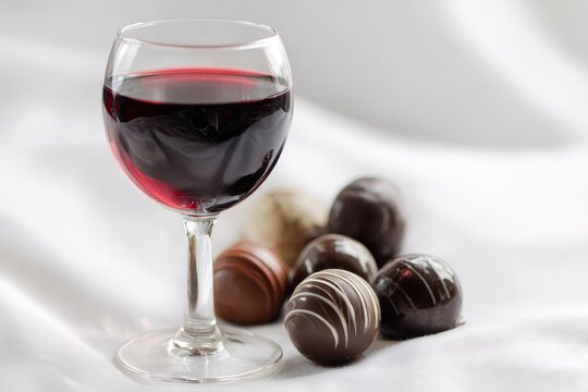 Gourmet pairing: red wine and glossy chocolates on a crisp white surface