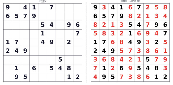 Sudoku puzzle with solution. Medium difficulty 9x9 grid for printing. Logic game for brain training and mental exercise