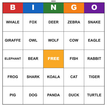 Animal themed bingo card with words. Printable game template for educational and party activities