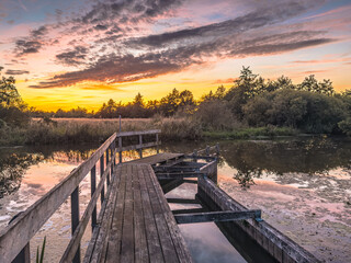 Wooden Jetty on Drentse Aa River at Sunset, Drenthe, Netherlands © creativenature.nl