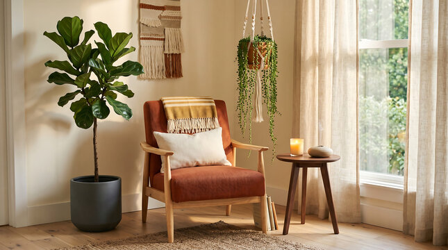 cozy reading corner interior with rust orange woven armchair stylish wooden side table lit candle hanging macram&eacute; plant and green fiddle leaf fig tree in sunny room