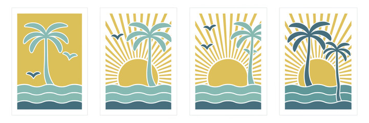 Boho Groovy Palm Tree Beach Sun Sea Vector Illustration Background in Trendy Retro Naive Style with Surf Club Vacation Mood and Pastel Yellow Blue Brown Colors for Summer Art © Raxzen