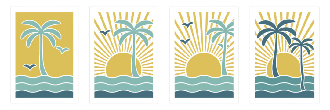 Boho Groovy Palm Tree Beach Sun Sea Vector Illustration Background in Trendy Retro Naive Style with Surf Club Vacation Mood and Pastel Yellow Blue Brown Colors for Summer Art
