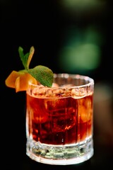 Elegant Red Cocktail with Ice and Mint Garnish in Crystal Glass on Dark Background © Виктор Марчуков