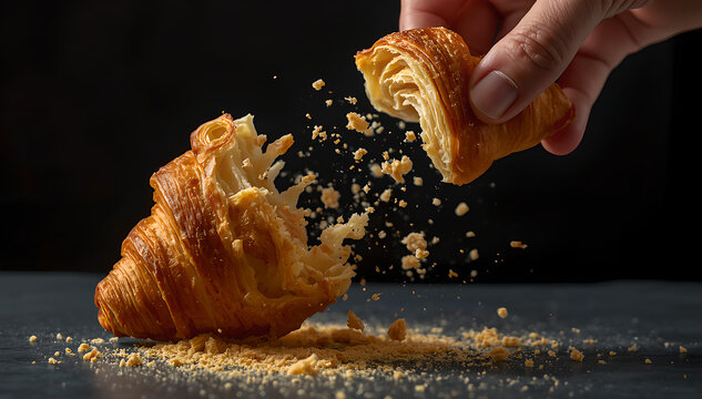 Extreme macro view of a flaky golden brown croissant being pulled apart showing thin pastry layers