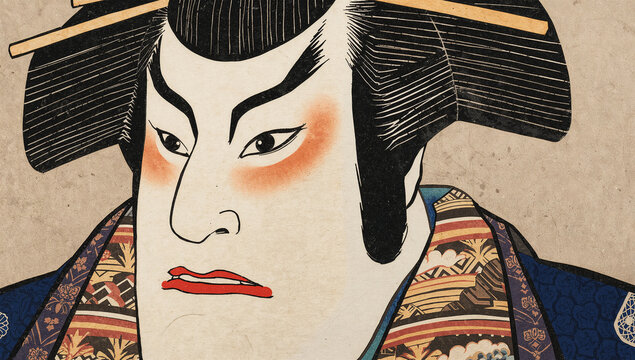 歌舞伎化粧の日本人役者の表情を大きく描いた浮世絵風イラスト
