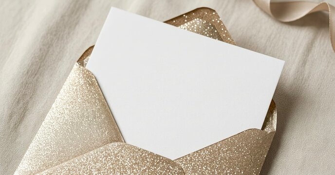 Gold Glitter Envelope with White Card on Textured Fabric for Wedding Invitations