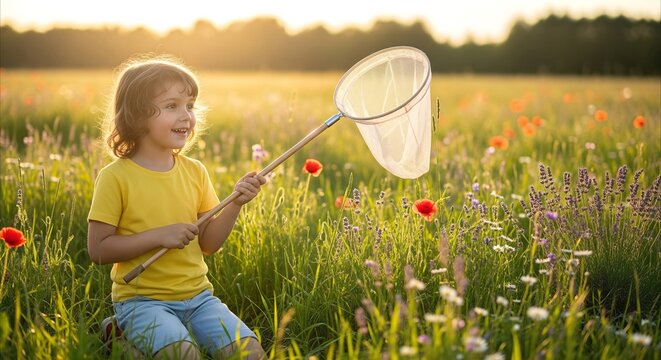Joyful child with butterfly net in sunlit meadow at golden hour, exploring nature's wonder