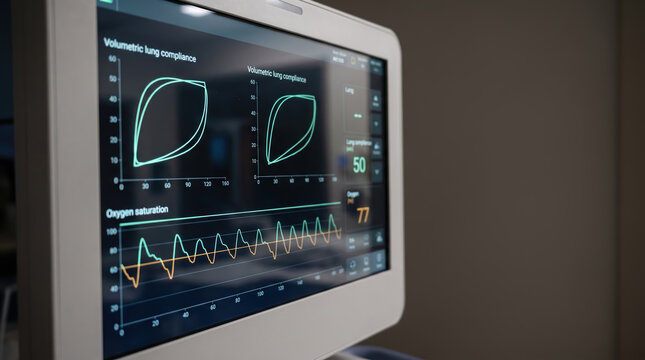 Electronic ventilator screen displaying oxygen saturation graphs and lung compliance data in advanced intensive care unit. Healthcare hospital support. Medical diagnostic equipment. Copy-space.