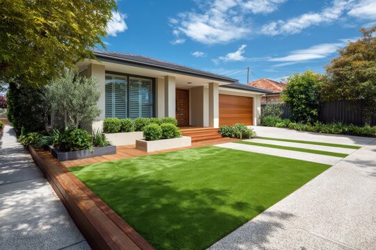Front yard landscape with synthetic lawn, timber edging, and minimalist modern facade