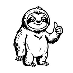 Fototapeta premium A charming cartoon sloth gives a thumbs-up gesture with a contented smile, exuding a relaxed and laid-back vibe in this black and white illustration. vector illustration
