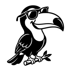 Fototapeta premium A cool toucan wearing sunglasses perched on a branch, captured in a black and white graphic style, exuding a fun and carefree vibe. vector illustration