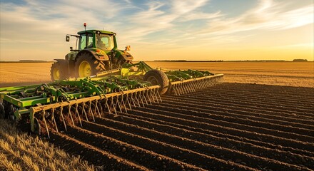 Fototapeta premium Green tractor plows fertile soil in golden hour sunset light, preparing a vast agricultural field for planting.