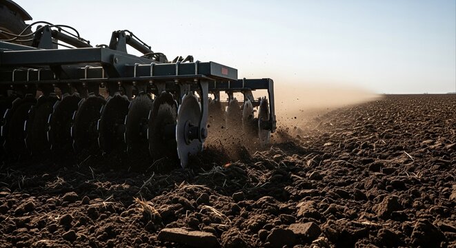 Agricultural disc harrow plowing dry earth in harsh sunlight, creating dust cloud and rich soil texture for farming