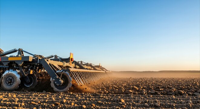 Agricultural harrow churns dry soil in golden hour sunlight, vast copy space for agribusiness