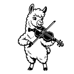 Fototapeta premium A cheerful llama dressed in a bowtie plays the violin with enthusiasm, its fuzzy body and happy expression exuding a charming and whimsical musicality. vector illustration