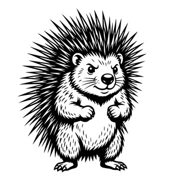 A stylized illustration depicts a stern-faced hedgehog, its body covered in sharp quills, standing with its paws clenched in a defiant stance. vector illustration