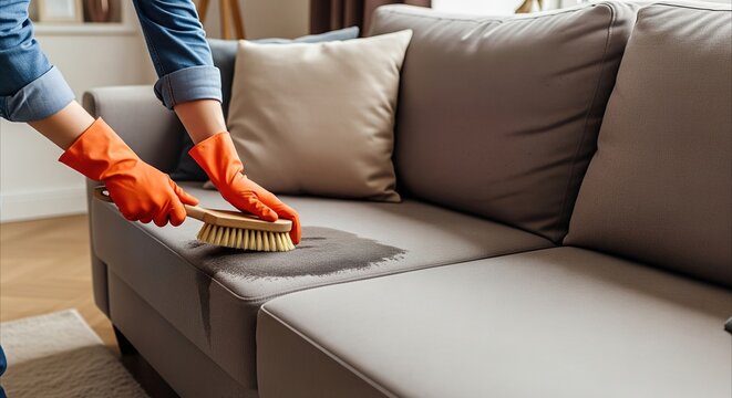 Close-up of hands in orange gloves scrubbing a dark stain on a gray sofa cushion with a wooden brush