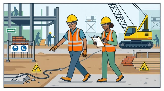 Two construction workers walk through a site to assess safety risks while others work and heavy machinery operates in the background