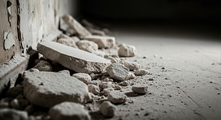 Fototapeta premium Crumbled plaster debris scattered on a dusty floor next to a weathered wall, conveying decay and artistic texture.