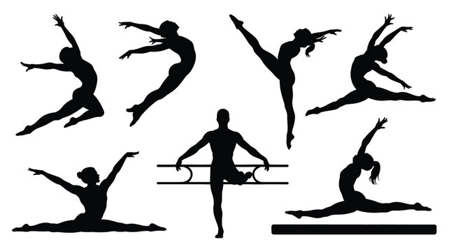 Professional ballet dancers performing various artistic poses and graceful gymnastic movements in this detailed collection of black vector silhouettes