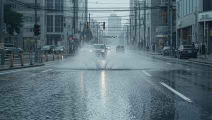 Fototapeta premium 通勤時間の日本のビジネス街で豪雨が道路を濡らす写真