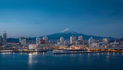 Fototapeta premium 都市の夜景と湾の奥に富士山が浮かぶ現代的な風景写真