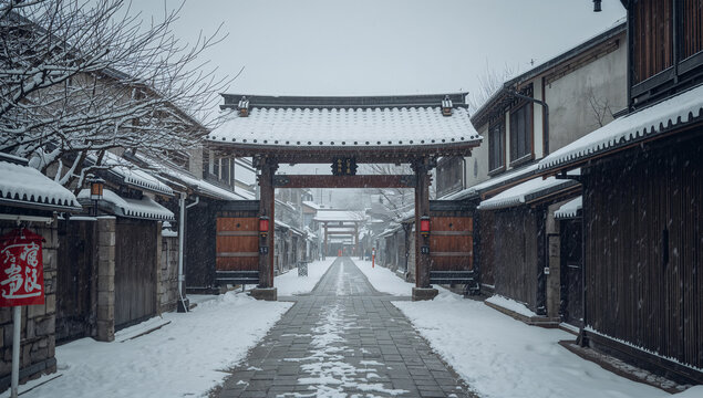 雪に包まれた日本の門と静かな通りが続く冬の風景