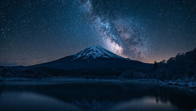 冬の星空の下で湖と富士山が静かに浮かぶ幻想的な写真