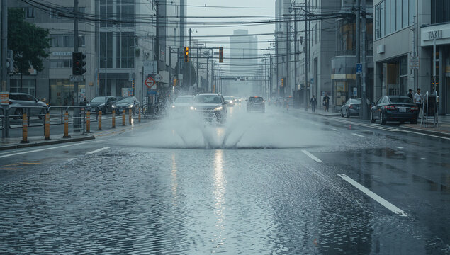 通勤時間の日本のビジネス街で豪雨が道路を濡らす写真